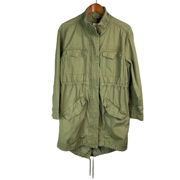 GAP Olive Green Canvas Long Field Utility Jacket Drawstring Zip Snap Army S - Picture 14 of 14